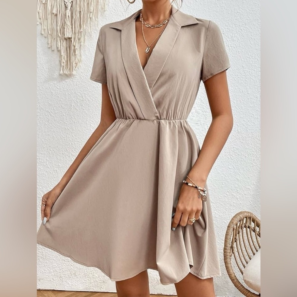 SHEIN Women's Beige Wrap A-Line Knee Length Dress Size XS Casual Summer - Picture 4 of 7
